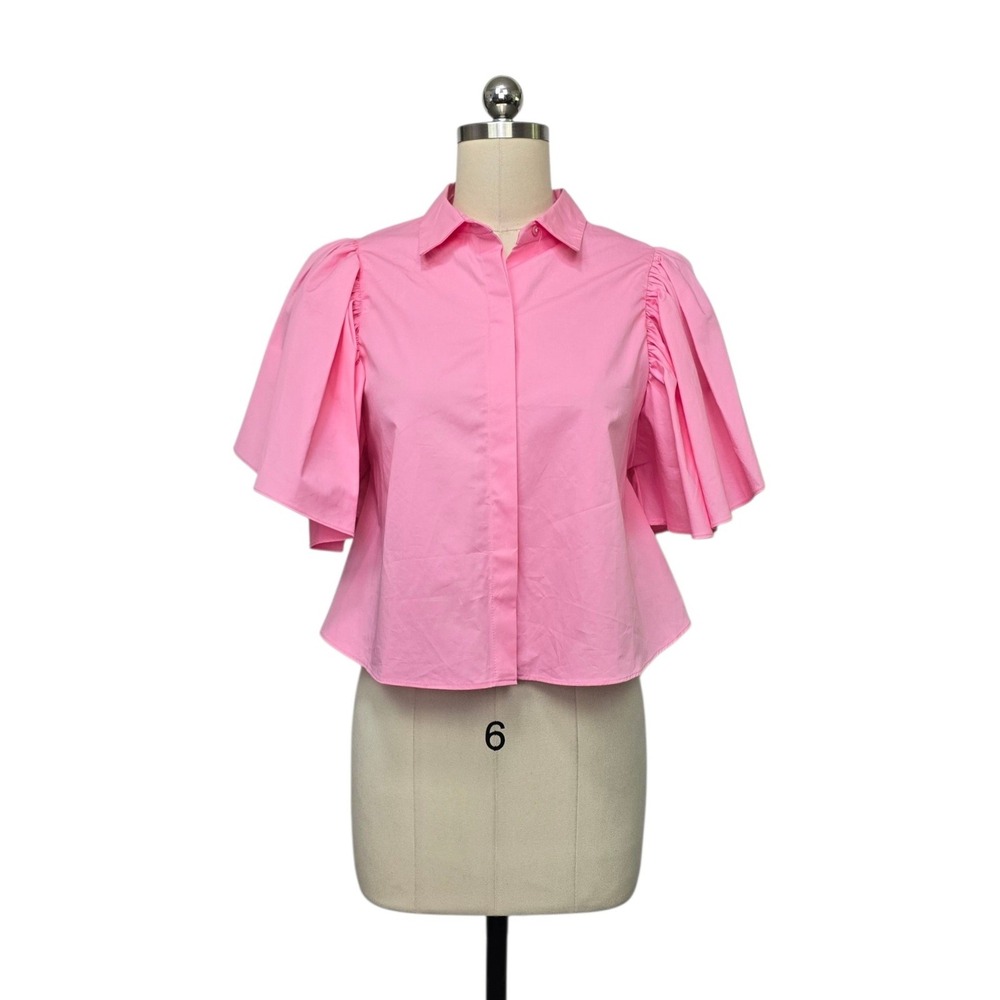 Zara Pink Poplin Puff Sleeve Back Tie‎ Cutout Blouse Top Size Small